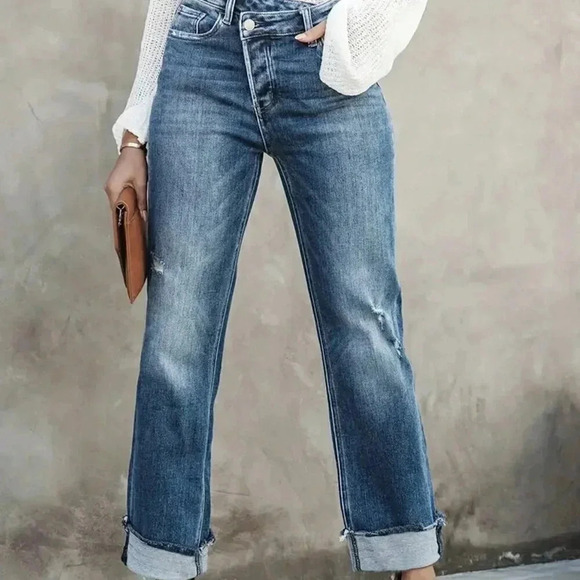 Blue Casual Women's High Waist Raw Cut Straight Leg Jeans - Picture 3 of 3